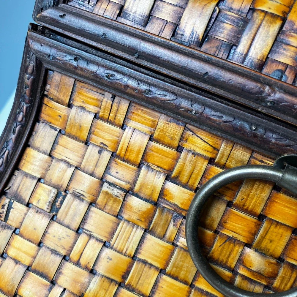 Vintage Woven Wicker Rattan Wood Storage Trunk Chest Brown Boho Decorative Box